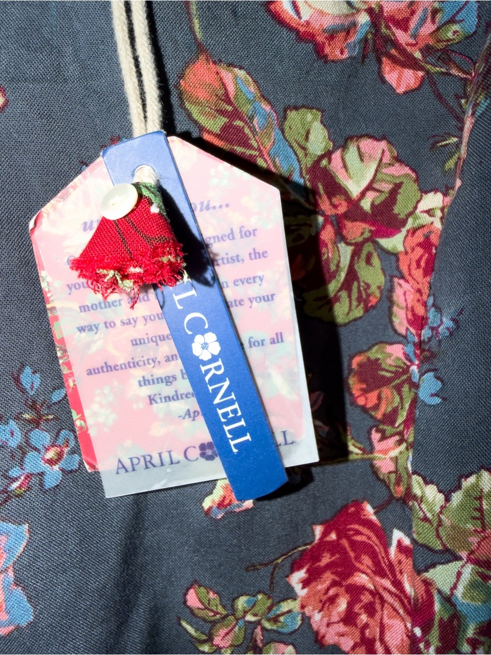 New! April Cornell Victorian Rose Slate Blue Midi Dress Pink Roses Side Ties - Picture 8 of 12